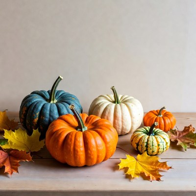 Colorful Pumpkins with Autumn Leaves