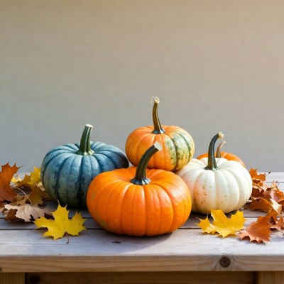 Colorful Pumpkins with Autumn Leaves
