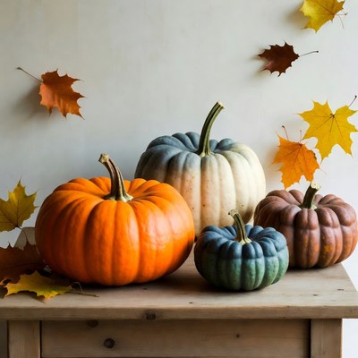 Colorful Pumpkins with Autumn Leaves