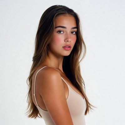 Beautiful woman in beige slip dress