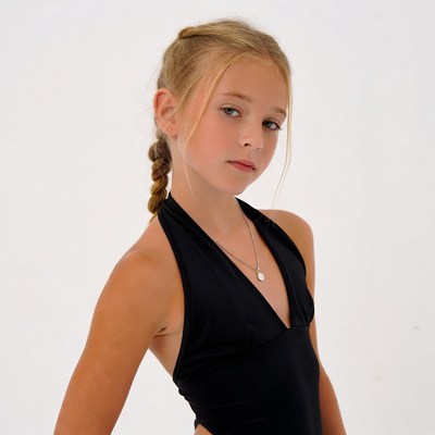 Blonde girl in black swimsuit