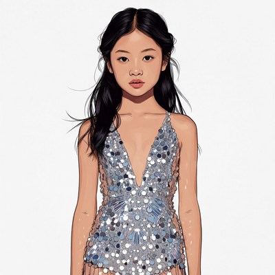 Asian girl in sparkling silver dress