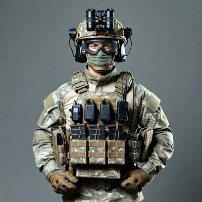 Soldier in tactical gear with night vision goggles