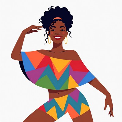 African-American woman in colorful off-shoulder outfit