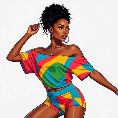 African-American woman in colorful off-shoulder outfit