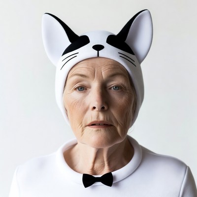 Elderly woman wearing cat ears hat