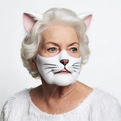Elderly woman in white cat costume