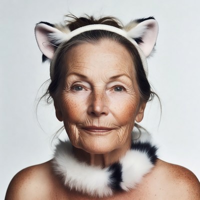 Elderly woman wearing cat ears headband