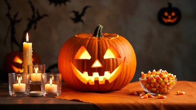 Jack-o'-lantern with candles and candy