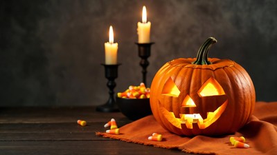 Lit Jack-o-Lantern with Candies and Candles