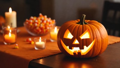 Lit Jack-o-Lantern with Candies and Candles