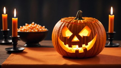 Lit Jack-o-Lantern with Candy Corn and Candles