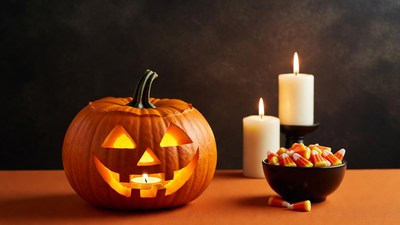 Lit Jack-o-Lantern with Candies and Candles