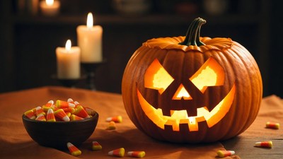 Lit Jack-O-Lantern with Candy and Candles