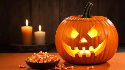 Lit Jack-o-Lantern with Candy Corn