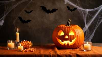 Lit Jack-o-Lantern with Candles and Candy