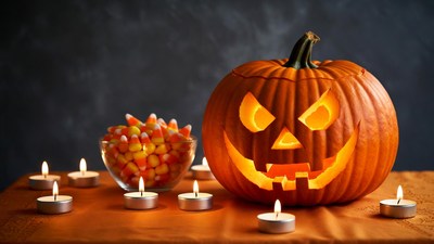 Jack-o'-lantern with Candy Corn and Candles