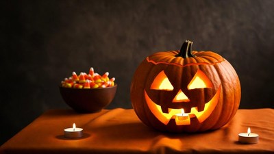 Lit Jack-o-Lantern with Candy Corn