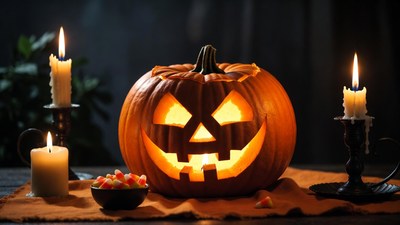 Lit Jack-o-Lantern with Candles