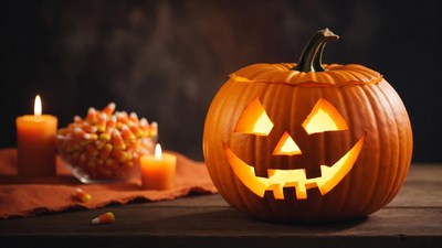 Lit Jack-o-Lantern with Candy and Candles