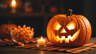 Jack-o'-lantern with Candy and Candle