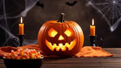 Lit Jack-o-Lantern with Candles and Candy
