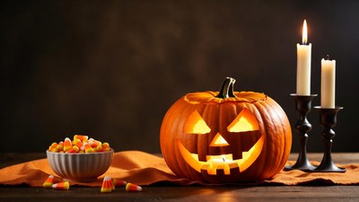 Lit Jack-o-Lantern with Candy and Candles