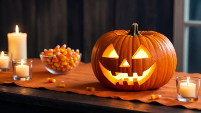 Lit Jack-O-Lantern with Candy and Candles