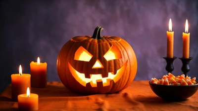 Jack-o'-lantern with candles and candy corn