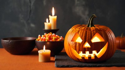 Lit Jack-o-Lantern with Candy and Candles