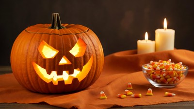 Lit Jack-o-Lantern with Candy and Candles