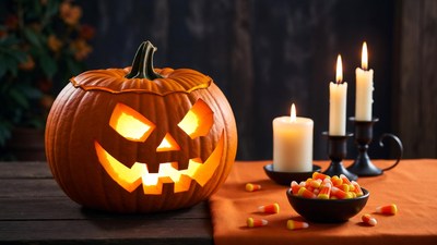 Lit Jack-o'-lantern with Candles and Candy