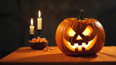 Lit Jack-o-Lantern with Candles and Candy