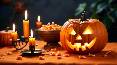Lit Jack-o-Lantern with Candles and Candy