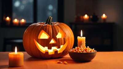 Lit Jack-o-Lantern with Candy Corn