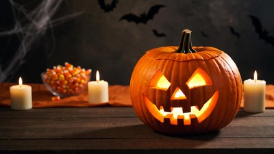 Lit Jack-o-Lantern with Candy Bats