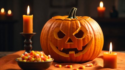 Jack-o'-lantern with candles and candy
