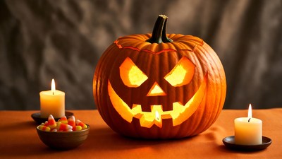 Lit Jack-o-Lantern with Candies and Candles
