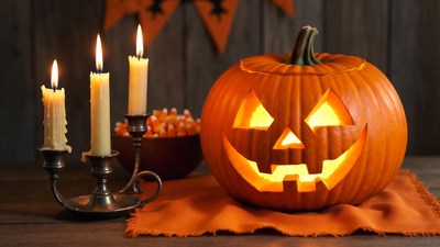 Lit Jack-O-Lantern with Candelabra