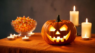 Jack-o'-lantern with candy and candles