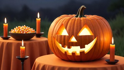 Lit Jack-o'-lantern with Candy and Candles