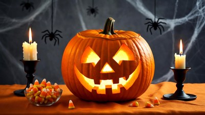 Lit Jack-o-Lantern with Candles and Candy