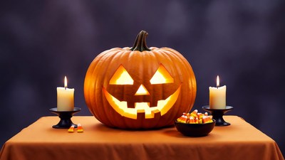 Lit Jack-o-Lantern with Candles and Candy