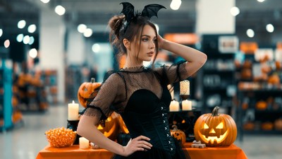 Woman in black corset with Halloween pumpkins