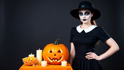 Woman in Witch Makeup with Jack-o'-lantern