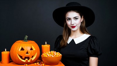 Woman in witch costume with jack-o-lantern