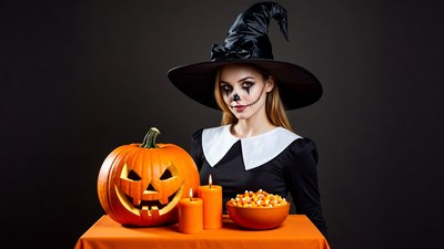 Woman in witch costume with jack-o-lantern