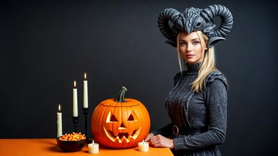 Blonde woman in demon mask with jack-o-lantern