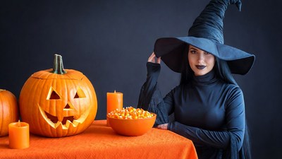 Woman in witch hat with Halloween pumpkins