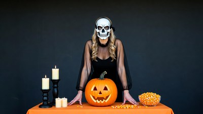 Woman in skull mask with jack-o-lantern